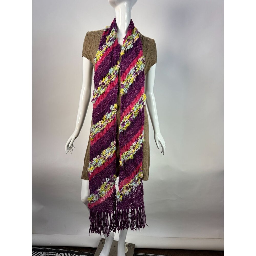Handwoven Colorful Fringe Scarf Purple Pink Yellow Green Striped Boho Style Wool